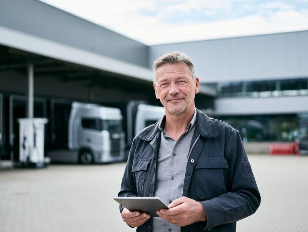 Logistikmanager vor Lagerhalle mit elektrifizierter Flotte